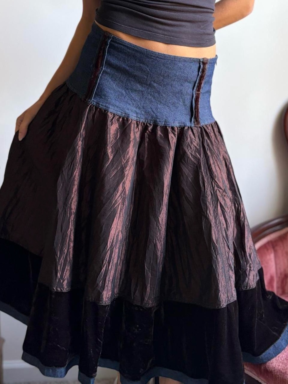Nbc Boho Gothic Pleated Midi Skirt with Denim Waistband and Velvet Trim Size S